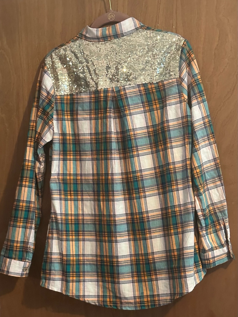 Plaid Sequin-Yoke Button-Down Shirt in Teal & Orange